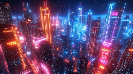 Obraz premium A nighttime cityscape with buildings and streets bathed in RGB neon lights, creating a vibrant, futuristic atmosphere with deep shadows and sharp contrasts