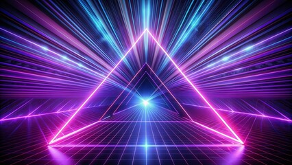 Vibrant purple neon triangle formed by laser lines radiant against dark background, stunning 3D rendering of computer-generated digital artwork with futuristic appeal.