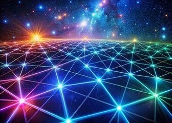 Fototapeta premium Vibrant neon lights illuminate a futuristic grid of interconnected nodes, reminiscent of a retro 80s sci-fi vision, set against a deep blue starry night sky.