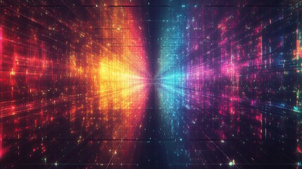 A digital grid where every line and square is an intense RGB color, forming a complex, pulsating pattern that seems to stretch into infinity