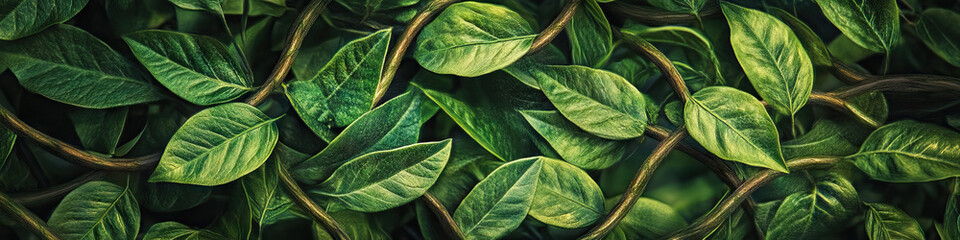 Fototapeta premium A verdant green and earth-toned banner, showcasing leaves and branches intertwined around a modern logo, evoking harmony and sustainability.