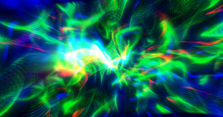 A vibrant and dynamic abstract image with swirling patterns of green, blue, and red light, creating a sense of motion and energy. Perfect for backgrounds, technology themes, or creative