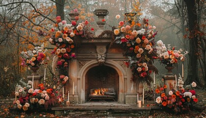 grand fireplace decorated with dark flowers and candles, creating a gothic wedding backdrop