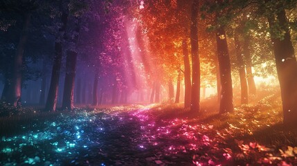 A dreamlike forest where the trees, leaves, and ground are all colored in vibrant shades of RGB, casting an ethereal glow over the entire scene