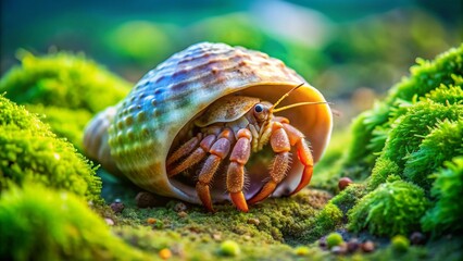 Fototapeta premium Adorable hermit crab peeking out of its shell, perched on a colorful rock, surrounded by soft green moss and tiny seashells in a cozy atmosphere.