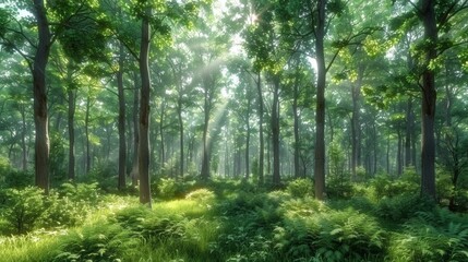 Fototapeta premium Sunlight filters through trees in a lush forest showcasing vibrant green ferns in the early morning