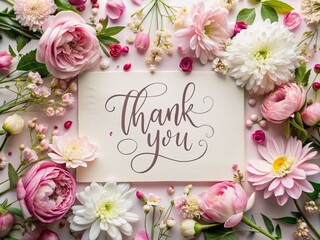 Elegant hand-lettered Thank You on a paper greeting card surrounded by delicate pink and white flowers, exuding warmth and gratitude in a beautiful calligraphic design.