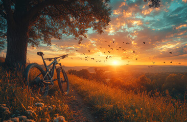 Mountain bike at sunset with birds flying over a scenic landscape. A mountain bike rests beside a tree as birds soar across a vibrant sunset.