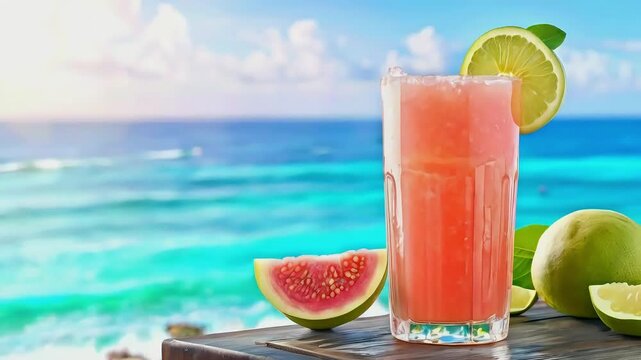 Refreshing pink drink with lime and guava on wooden surface by the ocean.