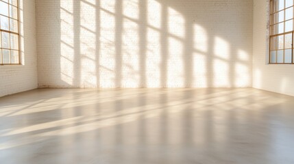 Obraz premium Sunlit Empty Room with Large Windows and White Brick Walls, Perfect for Interior Design and Architectural Concepts