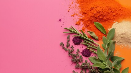 Colorful Assortment of Fresh Herbs and Spices on Vibrant Pink and Orange Background for Culinary and Food Photography