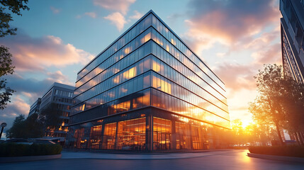 Obraz premium Modern office building reflecting sunset sky.