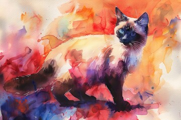 Watercolor painting of a Balinese cat with vibrant colors