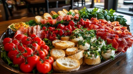 Obraz premium An array of Italian appetizers including bruschetta, caprese salad, and antipasto, arranged on a stylish platter with a backdrop of a cozy dining setting.