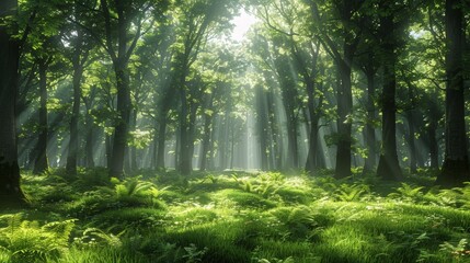 Fototapeta premium Sunlight filters through lush trees in a serene forest clearing during midday
