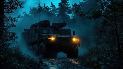 Armored troop carrier navigating through a dense forest at night, illuminated by searchlights