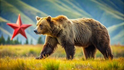 Fototapeta premium a majestic grizzly bear walking on a grassy plain, surrounded by a five-pointed star, a red stripe, and a golden circle.