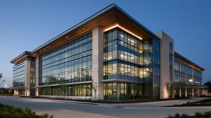 Modern office building with glass facade and stone accents.