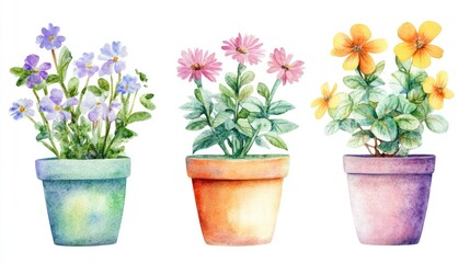 Obraz premium Set of colorful watercolor houseplant pots with flowers in full bloom, isolated on white, capturing the essence of gardening seasons.