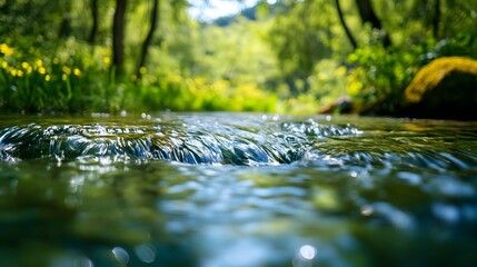 Fototapeta premium Crystal clear water flowing through a lush wetland, pristine environment, natural beauty