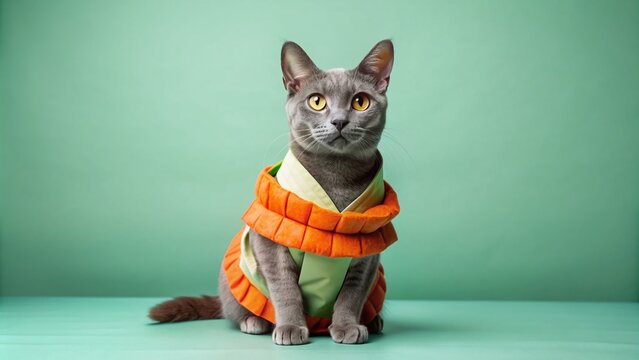 Whimsical korat cat dressed in an adorable sushi roll costume sits upright against a bright spearmint green background, showcasing its calm and curious nature.