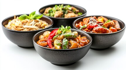 Set of bowls with tasty Chinese food on white background
