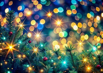 Vibrant festive bokeh lights twinkle against dark blue and green hues, creating a magical holiday atmosphere perfect for Christmas, New Year, or seasonal celebrations.