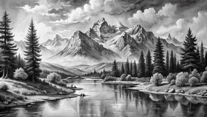 Fototapeta premium Black and white watercolor paintings of nature, mountains, rivers, clear skies and wildlife.