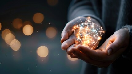 Connectivity in the Digital Era: Hands Embracing Illuminated Geometric Symbol of Future Mathematics
