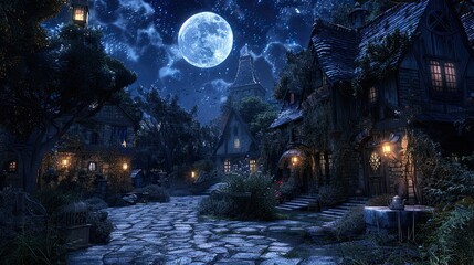 Obraz premium A moonlit village square, deserted but for eerie shadows and flickering lanterns casting uncertain light.