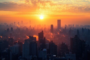 Obraz premium A Golden Sunrise Over a Skyline of Silhouetted Buildings