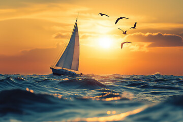 Fototapeta premium Sailboat gliding on ocean waves at sunset with seagulls flying in the sky, symbolizing freedom and adventure