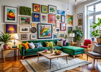Fototapeta premium Vibrant living room with bold, eclectic furniture and decor, featuring a stunning gallery wall of colorful illustrations and modern art prints in varied frame sizes.