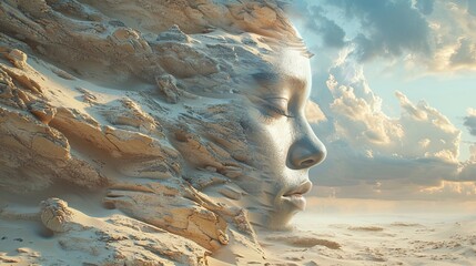 A surreal depiction of a woman's face blending with a desert landscape, merging human features with abstract, sandy elements