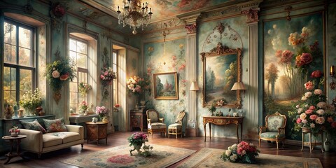 Obraz premium Softly blurred layers of worn floral prints and muted oil paintings evoke a whimsical aura of elegance and refinement in a dreamy Victorian-era inspired setting.