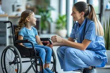 Caring Medical Professional Smiling Interacting With Young Wheelchair Patient In Hospital