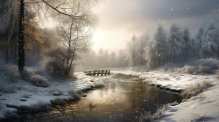 A snowy landscape with a river and a bridge