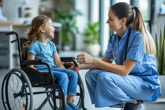 Caring Medical Professional Smiling Interacting With Young Wheelchair Patient In Hospital - Powered by Adobe