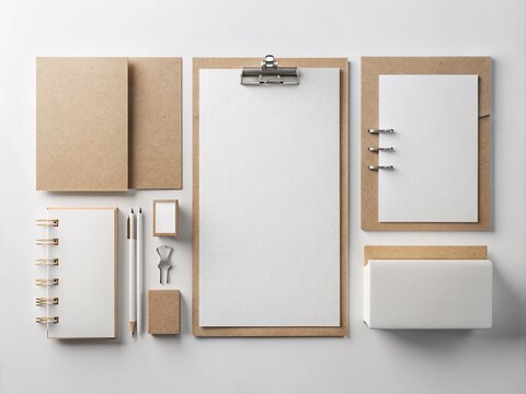 A blank, customizable, and fully editable stationery mockup template with various paper textures and binders against a clean, minimalist, white background.