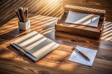 A polished wooden desk with a neat arrangement of blank notecards, pens, and empty binders, surrounded by subtle shadows and soft natural light.