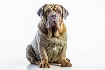 Majestic Neapolitan mastiff with a wrinkled gray coat and gentle expression sits calmly against a pristine white background, showcasing its grandeur and ancient heritage.