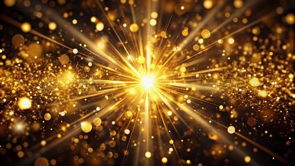 Luxurious golden sparkles and bokeh effects radiate from the center of a dark black background, creating a mesmerizing abstract composition of light and depth.