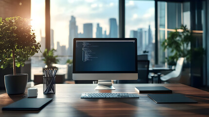 Modern office desk with computer, keyboard and notepad.