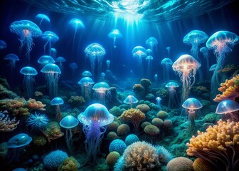 Fototapeta premium Vast, dark, and mysterious deep blue ocean depths unfold, with eerie glowing bioluminescent organisms and wispy seaweed, revealing the unexplored secrets of the abyss.