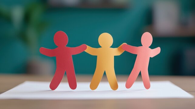 Colorful paper figures representing unity and teamwork, symbolizing friendship and collaboration on a bright background.