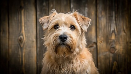 Adorable Glen of Imaal Terrier with distinctive beard and wheaten coat posing on rustic background with curious expression and cute facial features.