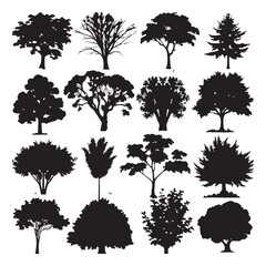 Set of trees in silhouettes. Also in vector format. Create many more shapes of trees from leaves and trees bottom row.