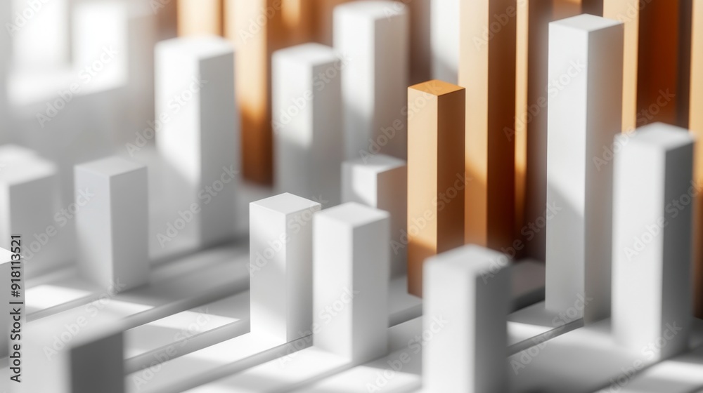 Poster an artistic representation of a 3d bar chart with shadow effects, emphasizing the depth and texture 