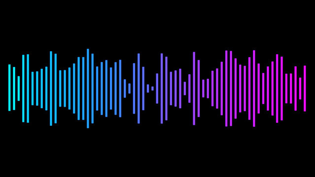 Blue and purple gradient sound waves or audio waveform on black. Music, sound, voice recording, and soundtrack visualization. Sound wave equalizer and audio waveform spectrum. Music line graph.