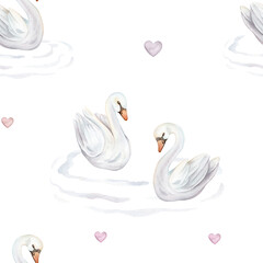 Watercolor seamless pattern with couple of cute swans in love. Hand painted illustration isolated on white background. For textile of white pastel colors bird and red hearts and water waves